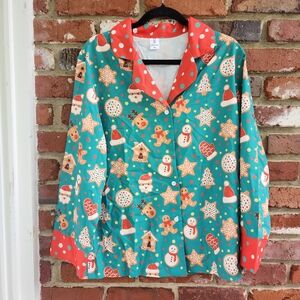 Christmas Holiday Women Sz Xl Pajama Set Elastic Pants With Button Up Shirt Soft